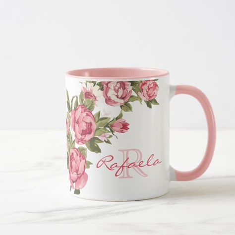 Vintage blush pink roses Peonies name, monogram Mug | Zazzle.com Pink Flower Names, Roses Photography, Blush Pink Roses, Monogram Coffee Mug, Roses Peonies, Pale Turquoise, Large Coffee Mugs, Pink Spring, Sublimation Mugs