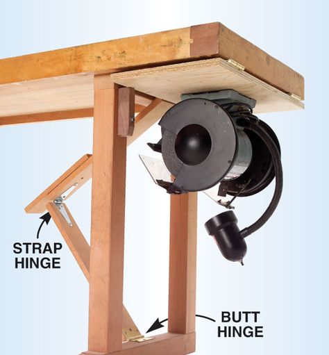 Hold It! Roll It! Hang It! Store It!       My bench grinder is out of the way but instantly accessible, thanks to this sturdy flip-up table. It works great and it’s simple to make. You’ll only need a scrap of 3/4-in. plywood that’s 1/2-in. narrower than the overhang, four 3-in. butt hinges, a strap hinge and a length of 1×4.            Build It   … Officine In Garage, Grinder Stand, Plywood Table, Tool Bench, Tool Stand, Bench Grinder, Workbench Plans, Garage Work Bench, Woodworking Magazine