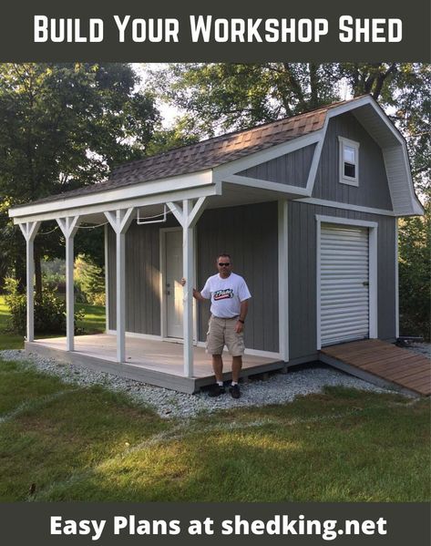 Build your own diy workshop with these easy to use barn plans that make the perfect workshop.  Lots of storage in the loft, 12x16 workshop area, and nice side porches and roll up shed door will provide you with a neat area to build all your projects for years to come. All my shed plans come complete with building guide, detailed blueprints, materials list, and email support.  Download your shed plan today and start building tomorrow. Small Barn Plans, Sheds Ideas Backyard, Shed With Loft, Shed With Porch, Workshop Shed, Backyard Storage Sheds, Shed Door, Build Your Own Shed, Shed Home