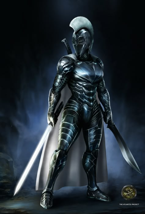 The Atlantis Project by Jake. Lightbearer wearing Lightplate. Atlantean Knight wearing powered assault armor. Fantasy Armor. Knight Armor. Jedi. Sith. Dragons. Babylon. Fantasy Artwork. New Fantasy Book. Dessin Game Of Thrones, Futuristic Armour, Female Armor, Female Knight, Knight Art, Power Armor, Knight Armor, Fantasy Armor, Superhero Design