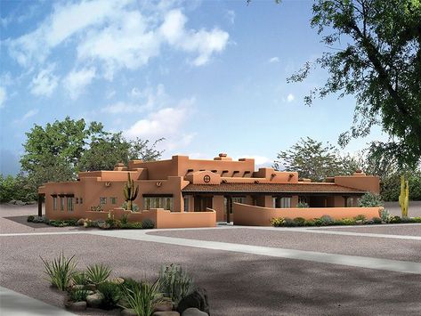 057H-0038: Luxurious Adobe House Plan Features Southwest Flair Adobe House Plans, Southwestern House Plans, Southwest House Plans, Santa Fe Style Homes, Southwest House, Adobe Home, Straw Bale House, Southwestern Home, Monster House Plans