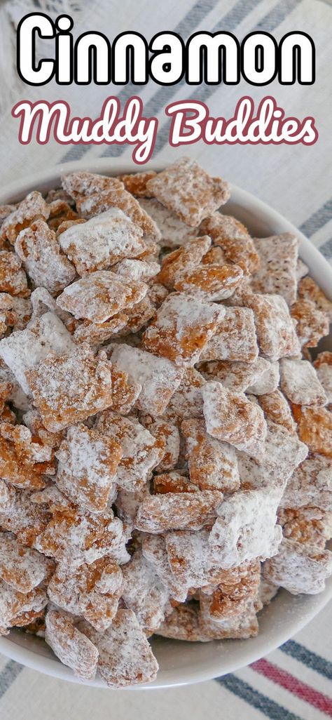 Churro Muddy Buddies, Chex Muddy Buddies, Puppy Chow Recipe, Chow Recipe, Puppy Chow Recipes, Cereal Snacks, Muddy Buddies, Cereal Treats, Cinnamon Recipes