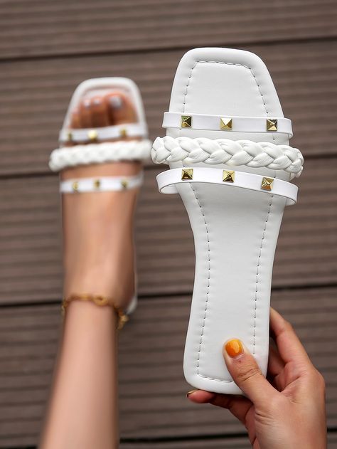 White Fashionable    Plain Slides Embellished   Women Shoes Pam Slippers For Ladies, Shein Sandals, Birkenstock Sandals Women, Elegant Shoes Heels, Sandals For Ladies, Fancy Sandals, Ladies Slides, Fun Wedding Shoes, Women Flat Sandals