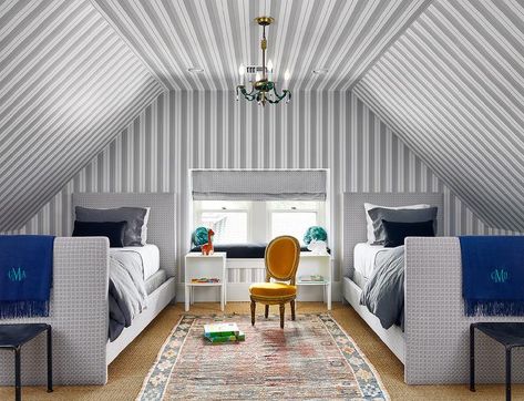 Stunning shared boys attic room features gray stripe walls and ceiling complementing gray twin beds with blue monogrammed throw blankets. Attic Wallpaper, Gray Striped Walls, Gray Twin Bed, Bedroom Units, Wallpaper Office, Boys Room Design, Attic Room, Striped Walls, Light Grey Walls