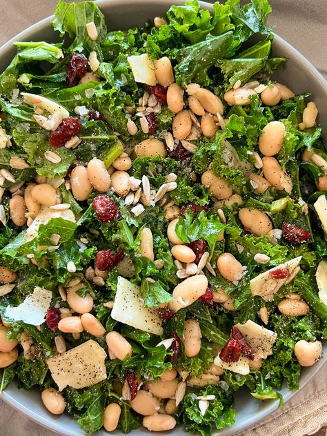 WARM WHITE BEAN & KALE SALAD Butter Bean Kale Salad, White Bean Kale Salad, Bean Kale Salad, Walnut Pasta, Butternut Squash Soup Creamy, White Bean Kale, White Bean Salad Recipes, Creamy White Beans, Apple Walnut Salad