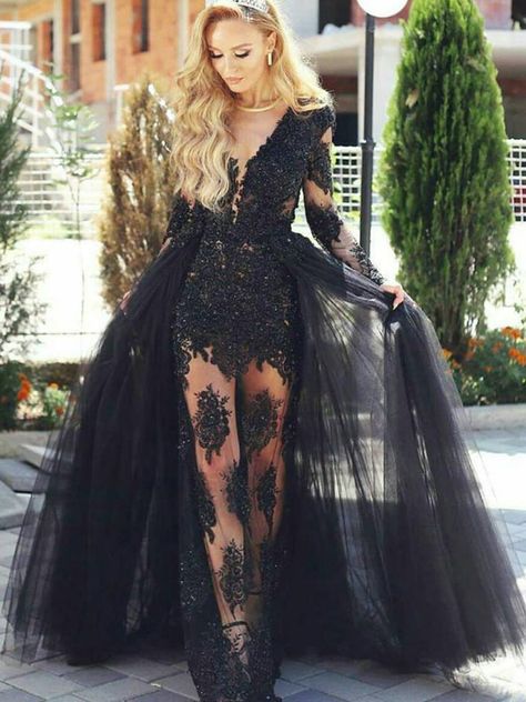 Long Black Prom Dress, Prom Dress With Train, Cheap Prom Dresses Long, Detachable Train, Dark Wedding, Long Sleeve Evening Dresses, 16 Dresses, Black Prom Dress, Black Prom