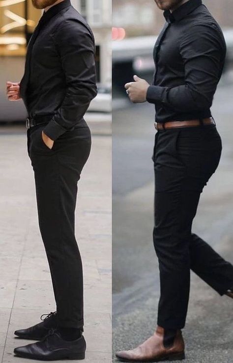 Men’s Black Semi Formal Outfit, Men’s Black Slacks Outfit, Black Slacks Outfit Casual Men, Men’s Black Dress Pants Outfit, Black Formal Pants Outfit Men, Mens Black Dress Shirt Outfit, Trapezoid Body Shape Men Clothing, Black Dress Shirt Outfit Men, Black Formal Outfit Men