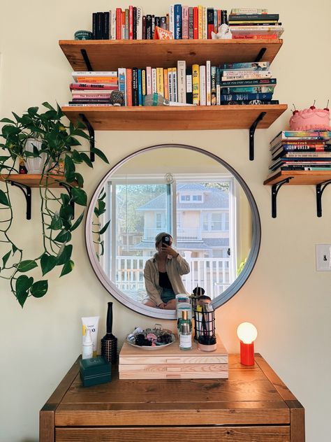 diy hanging bookshelves IKEA mirror modern home design Mini Bookshelf On Wall, Floating Shelves Around Mirror, Mirror With Floating Shelves, Wall Bookshelves Bedroom, Floating Bookshelves Bedroom, Redoing Bedroom, Bookshelves Ikea, Shelf With Mirror, Bookshelves Bedroom