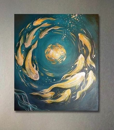 Gold Fish Painting, Fish Oil Painting, Multi Canvas Painting, Koi Painting, Painting On Canvas For Beginners, Gold Art Painting, Black Canvas Paintings, Koi Art, Small Canvas Paintings