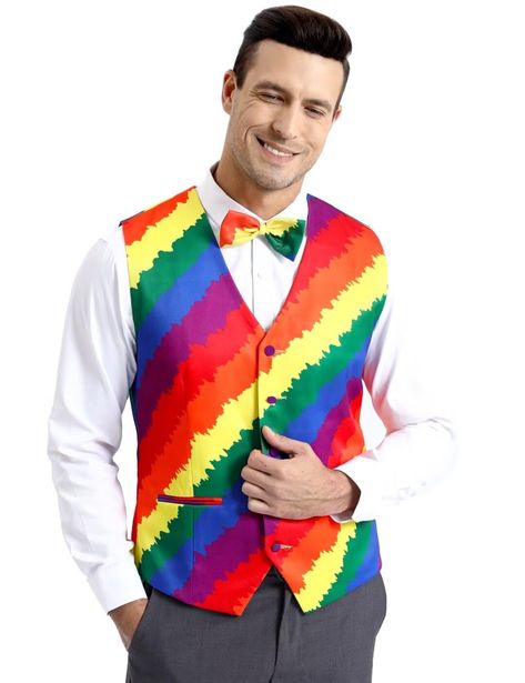 Rainbow Suit Mens, Rainbow Suit, Pride Costume, Suit Vest For Men, Rainbow Vest, Pride Fashion, Vest And Bow Tie, Men Party, Vest For Men