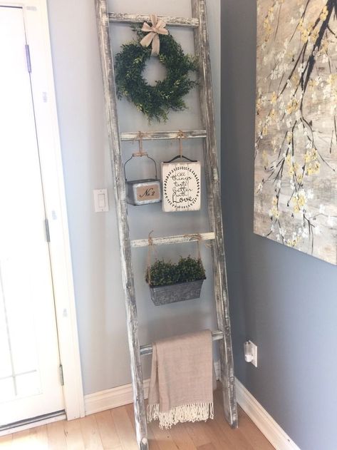 How To Decorate A Small Ladder For Christmas, Decorating A Ladder, How To Decorate A Ladder, Diy Wood Ladder, Farmhouse Ladder Decor, Ladder Craft, Old Ladder Decor, Blanket Ladder Decor, Wood Ladder Shelf