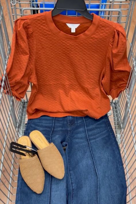 Time and Tru Women's Quilted Top, … curated on LTK Orange Womens Outfits, Orange Shirt Outfit, Momma Outfits, Trending 2024, Easy Outfits, Early Fall Outfits, Quilted Top, Walmart Fashion, Winter Work