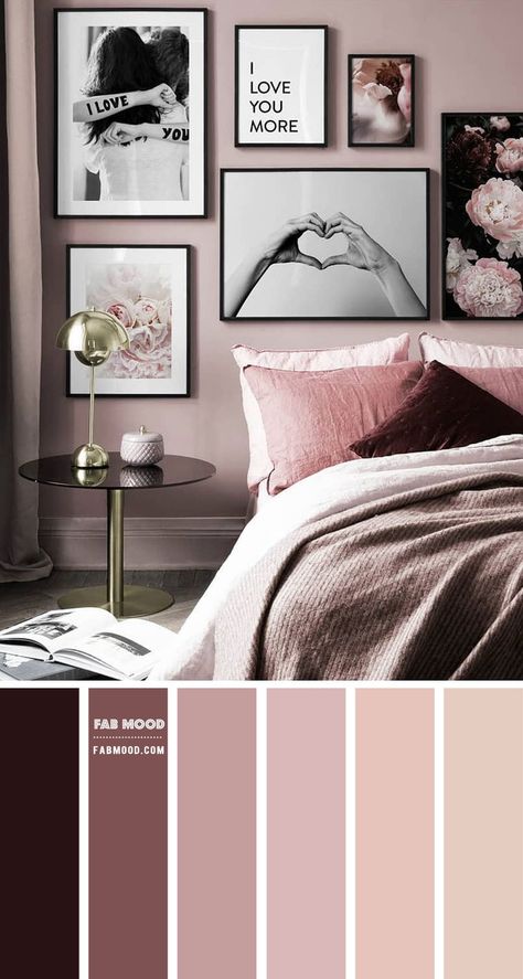 Berry and Mauve Romance Bedroom Mauve Bedroom Walls, Mauve Accent Wall, Mauve Bedroom Color Scheme, Blush Grey Bedroom, Accent Wall In Bedroom, Mauve Bedroom, Bedroom Palette, Art Bedroom Ideas, Luxury Bedroom Design