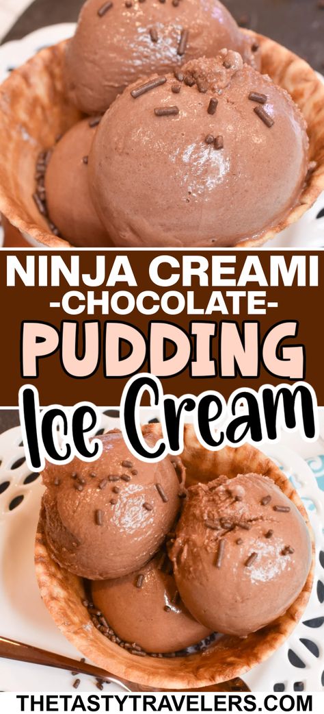 Check out my recipe for making Ninja Creami Chocolate Pudding Ice Cream! I’ll show you how to take a simple ingredient like instant pudding mix and turn it into a thick and creamy ice cream using the Ninja Creami ice cream maker! Ninja Creami Pudding Ice Cream Recipes, Ninja Chocolate Ice Cream, Ninja Creami Frozen Custard, Ninja Creami Vanilla Ice Cream Pudding, Ninja Creamy Custard, Ninja Creami Ice Cream Recipes Using Pudding, Jello Pudding Ice Cream Recipes, Ninja Creami Almond Milk Ice Cream, Pudding Ninja Creami