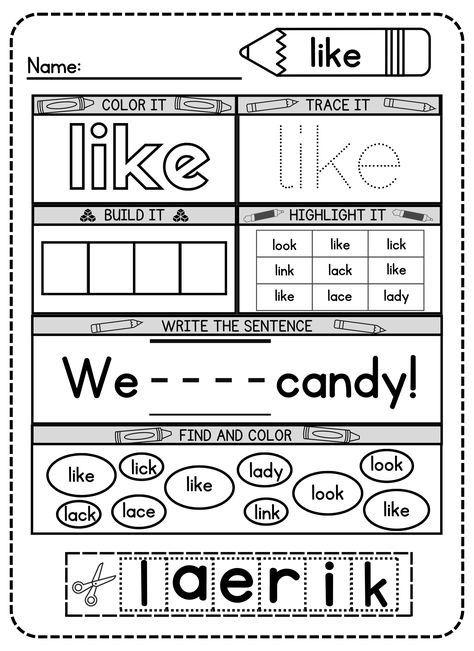 Use this free printable like sight word worksheet to explore a world of interesting ways to learn to read and write! This free worksheet combines creative thinking with effective practice, making it perfect for young kindergarten students. If you want to see your child's reading and writing skills take off, download it right away! First Grade Ela Worksheets Free Printables, Kindergarten Ela Lessons, Teaching Site Words Kindergarten, Are Sight Word Worksheet, Kindergarten Sentence Writing Worksheets, Writing Activities For Kindergarten Free, Like Sight Word Worksheet, Is Sight Word Worksheet, Sight Word Journal Kindergarten