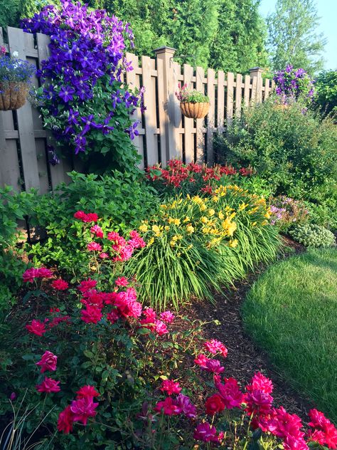 Gardening Pathways, Landscaping Fence Ideas, Layered Garden, Landscaping Fence, Living Fences, Easy Garden Ideas Landscaping, Entryway Landscaping, Garden Activity, Knockout Roses