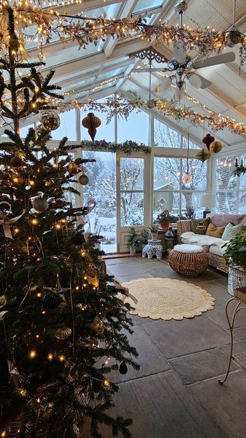 Conservatory Christmas Decor, Christmas Conservatory Ideas, Conservatory Decor, Twinkly Lights, Glass Extension, Real Christmas Tree, Tiny House Decor, Dream Cottage, Magical Christmas