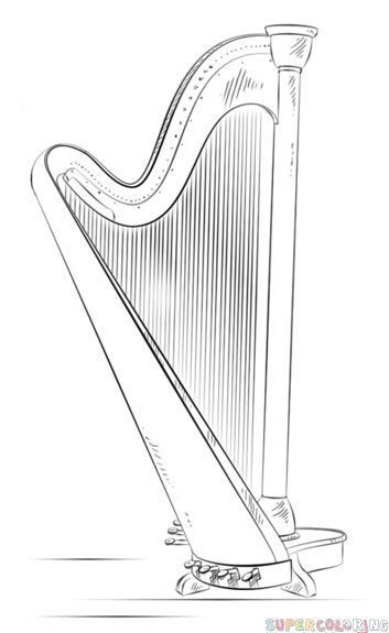 How to draw a harp | Step by step Drawing tutorials Tattoo Diamond, Musical Instruments Drawing, Celtic Harp, Drawing Instruments, Music Drawings, Drawing Tutorials For Kids, Vine Tattoos, Art Lessons For Kids, Bible Art Journaling