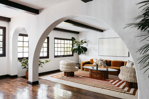 A TV Actor’s Spanish-Style Home With a Serene Courtyard Pool Lists for $3M in L.A. - Dwell Spanish Style Living Room, Spanish Living Room, Spanish Style Tile, Arched Doorways, Sliding French Doors, Courtyard Pool, Wood Beam Ceiling, Spanish Style Home, Spanish Style Homes