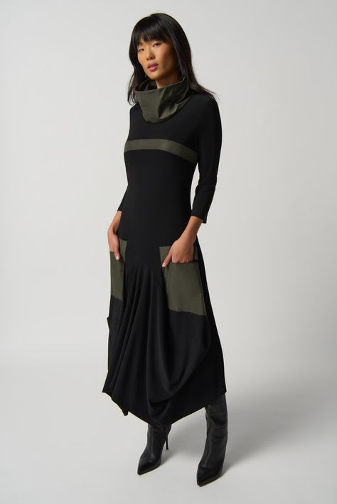 Joseph Ribkoff Fall 2023-233110-Dress-Black/Avocado - The Coach Pyramids Black And Khaki, Cocoon Dress, Joseph Ribkoff Dresses, Funky Dresses, Luxurious Dresses, Cowl Neck Dress, Joseph Ribkoff, Fall 2023, Dressy Casual