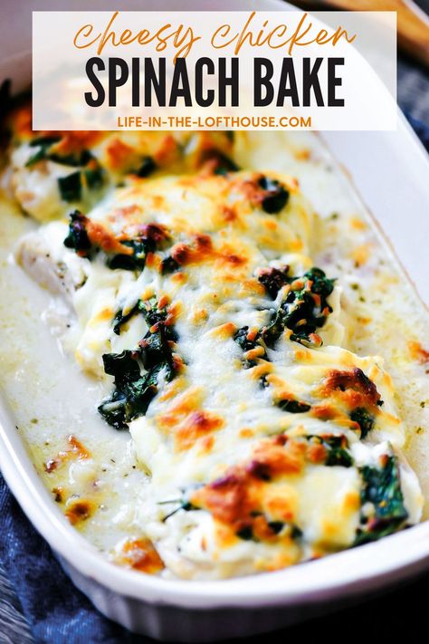 Cheesy Chicken Spinach Bake Keto Chicken And Spinach Recipes Easy, Creamy Spinach Chicken Bake, Chicken Spinach Bell Peppers, Chicken With Ricotta Cheese And Spinach, Baked Chicken And Spinach Recipes, Spinach And Chicken Recipes, Chicken And Spinach Recipes, Healthy Spinach Artichoke Chicken, Chicken Breast With Spinach