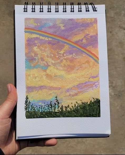 Realistic Rainbow Painting, Watercolor Art Rainbow, Painting Of Rainbow, Rainbow Painting Aesthetic, Rainbow Scenery Painting, Aesthetic Rainbow Drawing, Rainbow Sunset Painting, Rainbow Scenery Drawing For Kids, Rainbow Landscape Painting