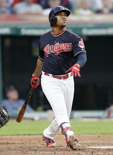 Cleveland Indians Jose Ramirez watches his 3 run homer in the 3rd against the Cincinnati Reds at Progressive Field.  July 11, 2018. Indians won 19-4. (AP). Jose Ramirez, Cleveland Baseball, Indians Baseball, Cleveland Guardians, Base Ball, Mlb Teams, Cleveland Indians, July 11, Cincinnati Reds