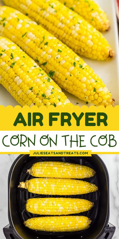 Here's your favorite way to make an easy summer BBQ side dish! This Air Fryer Corn On the Cob recipe is delicious and bursting with fresh sweet corn flavor. Serve this juicy Corn on the Cob and pin it for your 4th of July appetizer recipe! Airfryer Chips, Airfryer Food, Vege Dishes, Air Fryer Corn, How To Cook Hamburgers, Mac And Cheese Bites, Corn Dishes, The Slow Roasted Italian, Fry Recipes