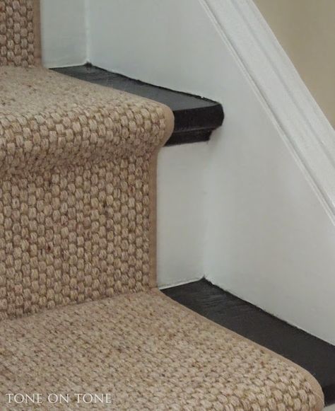 There are also wool and sisal blends that look like sisal but are not slippery. This is called a Hollywood installation. It wraps tightly around the stair tread. With most stair runners, there should be about 3-6″ of wood showing. More than 8″ and it begins to look funny unless it’s a super wide staircase. But please no  six foot wide staircases with a 27″ wide runner. Big Area Rugs, Carpeted Stairs, Stairs Runner, Staircase Runner, Beautiful Stairs, Staircase Makeover, Basement Stairs, Painted Stairs, Diy Stairs