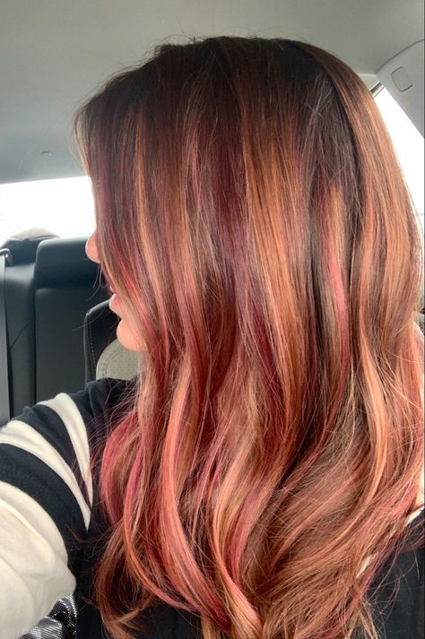 Ginger And Red Highlights, Orange Pink Highlights In Brown Hair, Orange Hair With Red Highlights, Pink Hair Strands Brunette, Red Highlights On Ginger Hair, Pink On Ginger Hair, Red And Pink Highlights Brunettes, Pink Highlights In Auburn Hair, Auburn Hair Pink Highlights