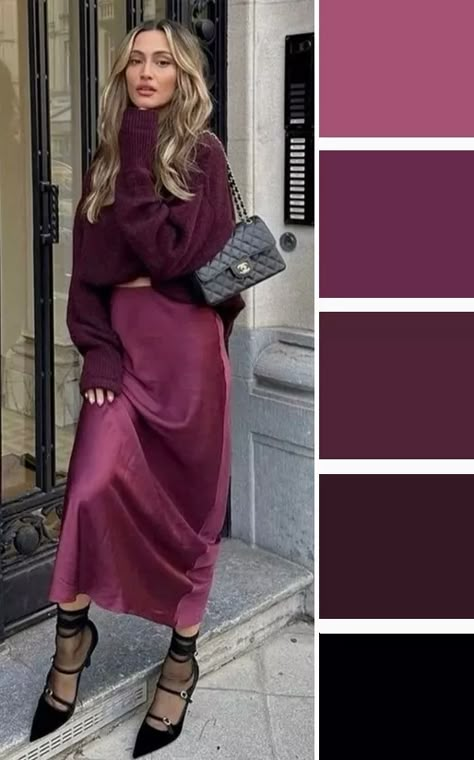 Jewel Tone Winter Outfits, Purple Outfit Color Combos, Plum Trousers Outfit, Deep Color Outfits, Jewel Tone Clothing, Colour Combinations Clothes For Women, Plum Outfit, Colors That Go With Purple, Taupe Outfit