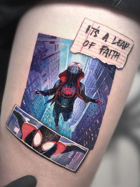 Comic Tattoos For Men, Spider Man Across The Spider Verse Tattoo, Miles Morales Spiderman Tattoo, Spider Gwen Tattoo Ideas, Into The Spider Verse Tattoo, X Men Tattoo Ideas, Tattoo Comic Style, Spiderverse Tattoo Ideas, Marvel Comics Tattoo