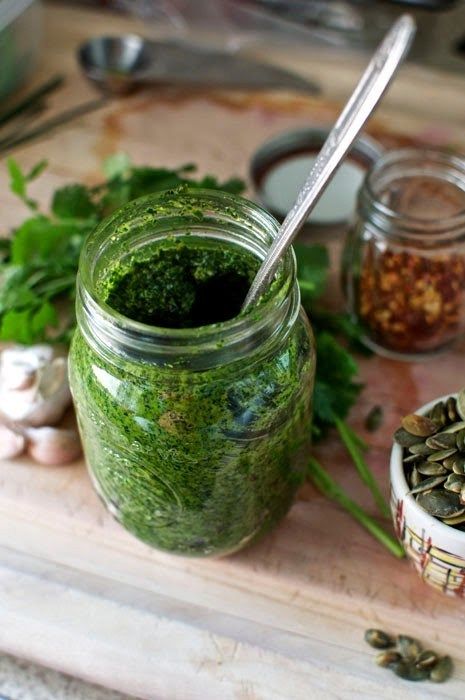 A simple recipe for an incredibly versatile condiment. Dairy-free Cilantro pesto with pumpkin seeds. Slather it on toast, toss it with pasta, stir it into risotto, or use it as a marinade for anything about to hit the grill. #pesto #holajalapeno #cilantro #pestorecipe Healthy Latin Recipes, Pumpkin Seed Pesto, Cilantro Chimichurri, Chimichurri Sauce Recipe, 40 Aprons, Chef Billy Parisi, Gluten Free Sauces, Billy Parisi, Cilantro Pesto