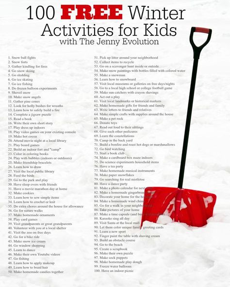 100 Free Winter Actvities for Kids Printable | Between holiday breaks and weekends, you’ll be scrambling to find fun things to keep your kids occupied in colder months. These ideas are free (or mostly free using items you have around the house) and great for kids of all ages to enjoy! Free Winter Activities, Snow Games, Winter Reading, Indoor Ideas, Winter Bucket List, Winter Activities For Kids, Outside Activities, Christmas Idea, List Of Activities