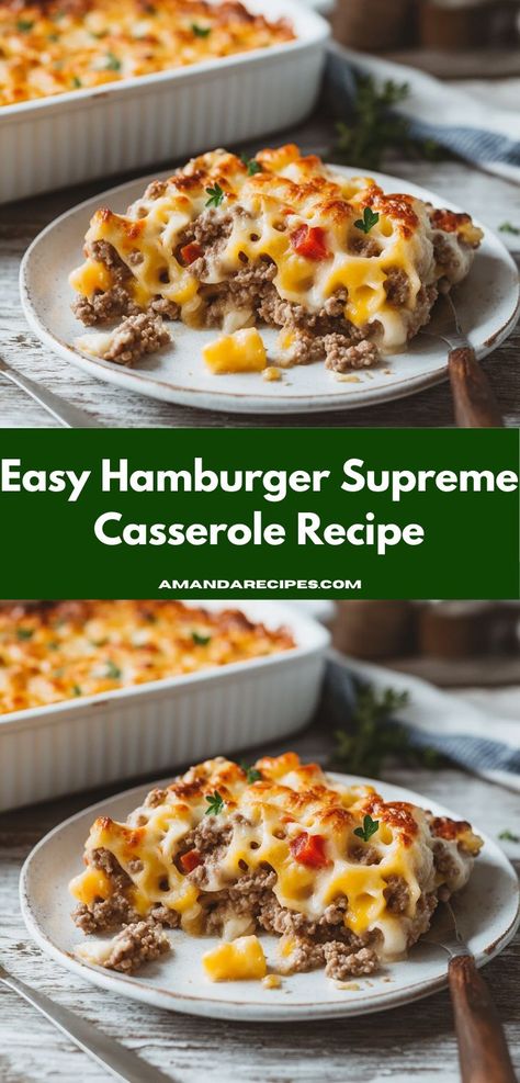 Craving a comforting meal that’s quick to prepare? This Easy Hamburger Supreme Casserole combines savory ground beef and rich flavors, creating an effortless, hearty dinner that's sure to please both kids and adults alike. Hamburger Casseroles Recipes, Pasta Cheese, Beef Dinners, Easy Hamburger, Hamburger Casserole, Hearty Casseroles, Beef Pasta, Comfort Dishes, Hearty Dinner