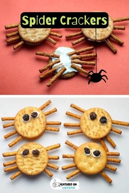 Ritz Cracker Spiders, Halloween Snack Ideas For Kids, Classroom Party Food, Healthy Halloween Snacks For Kids, Healthy Halloween Candy, Halloween Snack Ideas, Caramel Apple Pops, Fun Meals, Halloween Finger Foods