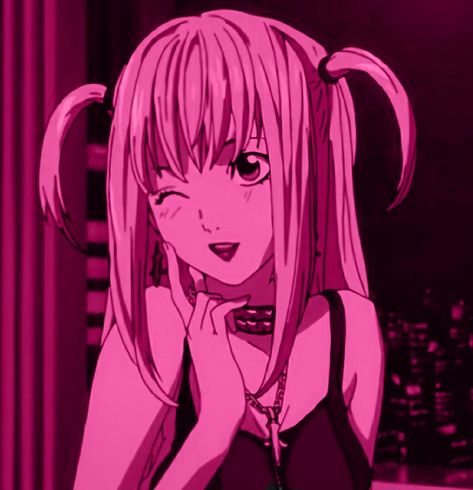 Dark Pink Anime Aesthetic, Pink And Black Hair Pfp, Hot Pink Anime Pfp, Cartoon Characters With Pink Hair, Misa Aesthetic, Dark Pink Pfp, Misa Amane Aesthetic, Hot Pink Pfp, Pink Pfp Y2k