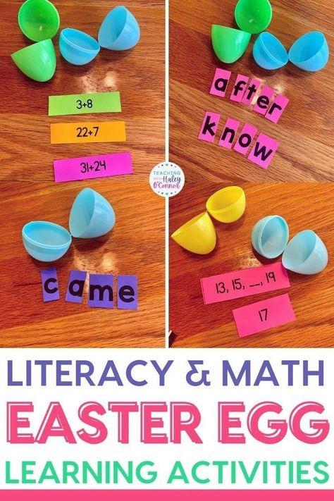 Are you looking for fun Easter activities to do with plastic Easter eggs? Check out this blog post about 5 simple learning activities that you can do with filling Easter eggs. While I originally picked up Easter eggs to use in a sensory bin there are so many other fun easter eggs learning activities. You can practice sight words, place value, fill in the missing number, addition and subtraction, & reading comprehension. Use for math centers or literacy centers. Fun Easter Activities, Math Literacy Activities, Easter Math, Math Games For Kids, Literacy Games, Math Center Activities, Word Work Activities, Plastic Easter Eggs, Math Literacy