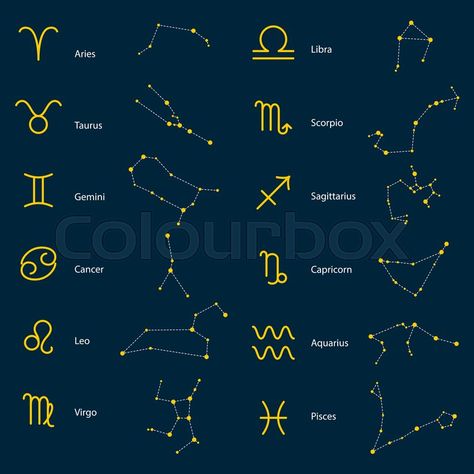 Zodiac constellations vector symbols. Astrology stars signs on blue background. | Stock Vector | Colourbox on Colourbox Zodiac Constellation Art, Simbolos Tattoo, Vector Symbols, Sistem Solar, Constellation Art, Astrology Stars, Initial Tattoo, Zodiac Designs, Constellation Tattoos