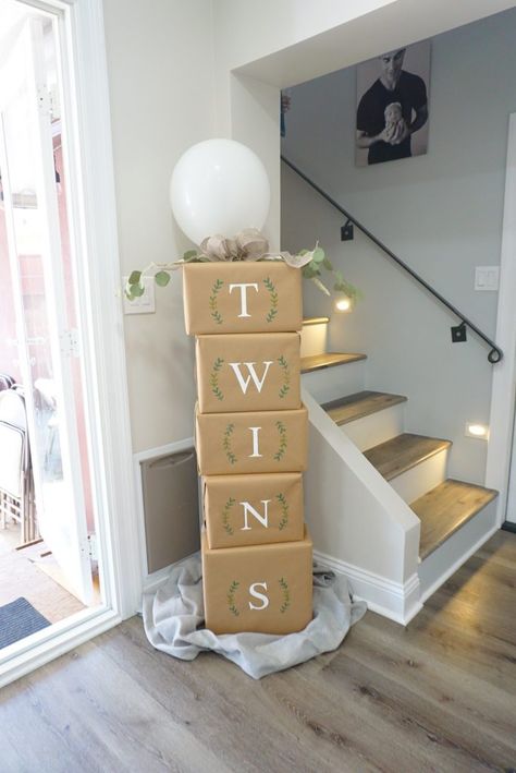 Boho twin baby shower decorations. Twin stacked boxes. Baby shower ideas. Twin Baby shower ideas. How to throw a baby shower for twins. Twin Baby Shower Ideas Boy And Girl Decoration, Twins Baby Shower Ideas Decoration, Twin Baby Reveal Ideas, Stacked Boxes Decor, Winter Twin Baby Shower Ideas, Twin Babyshowers, Twin Baby Shower Ideas Fall, Gender Reveal Ideas For Party Twins, Twins Sprinkle Ideas