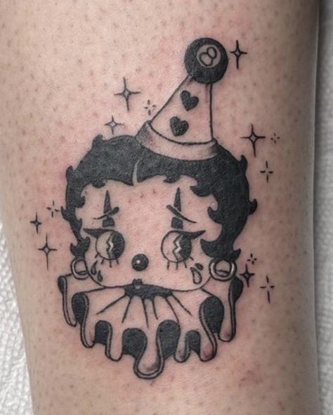 Clown Betty Boop Tattoo, American Traditional Sanrio, Carnival Tattoo Ideas, American Traditional Betty Boop Tattoo, Hello Kitty Horror Tattoo, Betty Boop Clown Tattoo, Gothic Betty Boop Tattoo, Baby Clown Tattoo, Betty Boop Clown