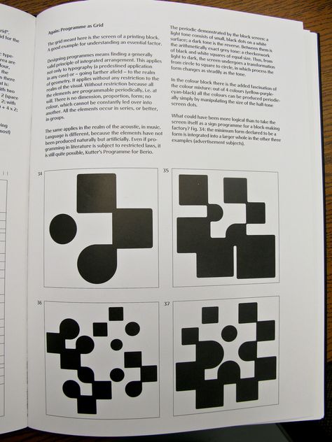 "Designing Programmes", classic book on form as programme by the Swiss designer Karl Gerstner.  Page 17: Again: Programme as Grid  Grid meant here is the screen of a printing block. A good example for understanding an essential factor.  Designing programmes means finding a generally valid principle of integrated arrangement. This applies not only to typography (a predestined application in any case) or — going farther afield — to the realm of geometry. It applies without any restric... 100 Day Project Ideas, Karl Gerstner, Colour Mixture, Music Language, Black And White Squares, 17 Again, Commercial Signs, Swiss Design, Letter Example