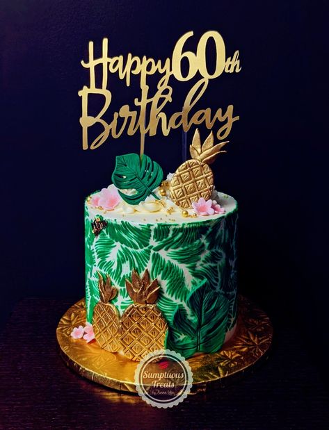 Tropical Cake Design Birthday, Tropical Birthday Cake, Luau Party Food, Pineapple Theme, Tropical Birthday Party, 60th Birthday Cakes, 33rd Birthday, Hawaiian Birthday, Tropical Birthday