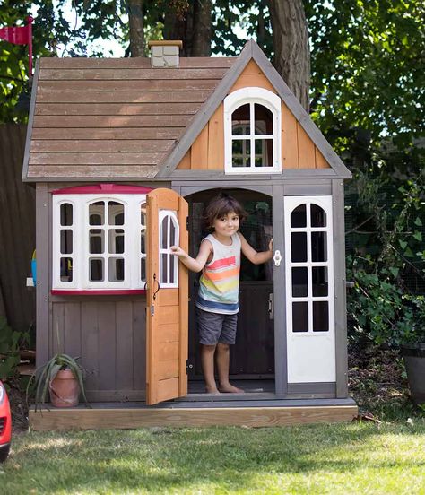 Platform Playhouse, Playhouse Platform, Cedar Playhouse, Playhouse Diy, Outdoor Chalkboard, Outdoor Play Space, Outdoor Learning Spaces, Diy Playhouse, Building A Porch