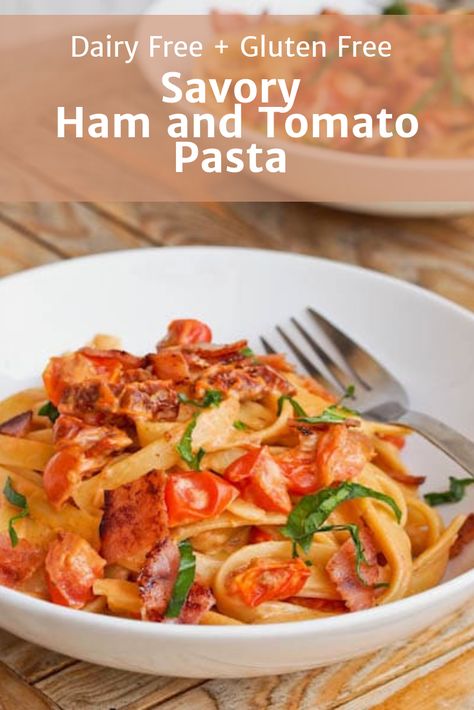 30 minute ham and tomato pasta makes for the perfect weeknight meal. Both gluten-free and dairy-free. Simplicity at it’s finest with the best of flavors. The perfect way to use up all of that leftover Easter Ham! #dinner #pasta #glutenfree #dairyfree Dairy Free Ham Recipes, Easter Ham Dinner, Ham Pasta Recipes, Whole Wheat Pasta Recipe, Leftover Ham Recipes Casseroles, Weeknight Dinner Easy, Wheat Pasta Recipes, Italian Pasta Recipes Authentic, Dairy Free Pasta Recipes