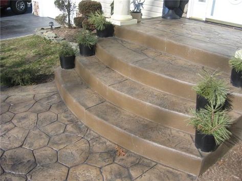 Steps and Stairs Pictures - Gallery - The Concrete Network Concrete Front Steps, Stamped Concrete Patio Designs, Concrete Step, Cement Steps, Sidewalk Landscaping, Concrete Stamp, Seat Wall, Patio Stairs, Porch Stairs