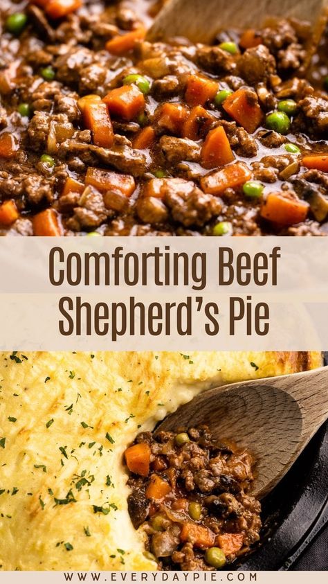 This Beef Shepherd's Pie recipe is an easy-to-make casserole with seasoned ground beef and vegetables in a savory gravy, topped with creamy mashed potatoes and then baked in the oven. It's the perfect comfort food for any night of the week. Layered Shepherds Pie Recipe, Shepherds Pie Recipe Without Tomato Paste, Shepard Pie Baked Potato Recipe, Mexican Shepards Pie Recipe, Cornbread Shepards Pie Beef, Shepherds Pie With Leftover Roast Beef, Shepherds Pie With Roast Beef, Shepard Pie With Ground Beef, The Best Shepherds Pie Ever