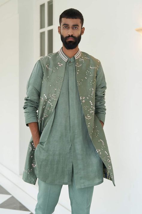 Buy Green Pure Silk Embroidered Floral Rainforest Jacket And Kurta Set For Men by Contrast By Parth Online at Aza Fashions. Groom Koti Kurta, Long Jacket Kurta Men, Long Koti Kurta For Men, Open Jacket Kurta Men, Indian Menswear, Indian Wedding Clothes For Men, Gents Kurta, Embroidered Motifs, Kurta Design