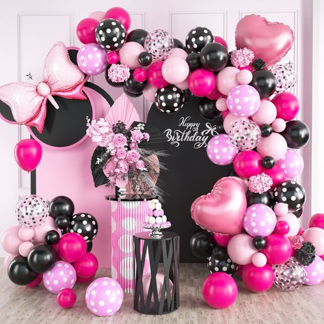 PRICES MAY VARY. ❣️【Elegant Design】 Our mini mouse balloon arch kit are designed to add a touch of elegance to your event! The balloon garland includes 10inch: 25 x black, 18 x rose red, 18 x pink, 5inch: 5 x black, 5 x rose red, 5 x pink, 12inch：1 x black dot, 1 x pink dot balloons; 2 x 18inch pink heart foil balloons, 1 x bow tie foil balloons; 1x balloon strip, 1x dispensing, 1x ribbon. ❣️【Quality Guarantee】 Our mini pink black balloon arch are made of high-quality materials, ensuring long-la Mini Balloon Arch, Black Balloon Arch, Minnie Mouse Party Supplies, Minnie Mouse Birthday Theme, Mickey Mouse Birthday Decorations, Princess Balloons, Minnie Mouse Theme Party, Minnie Mouse Balloons, Birthday Theme Decoration