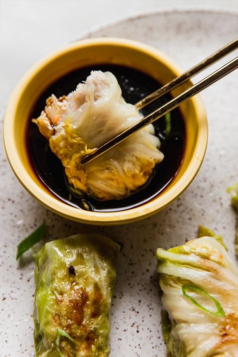 Cabbage Roll Dumplings, Cabbage Dumpling Soup, Cabbage Wrapped Dumplings, Cabbage Pork Dumplings, Napa Cabbage Dumplings, Nappa Cabbage Rolls Recipes, Cabbage Dumpling Rolls, Asian Cabbage Rolls Recipe, Cabbage Wontons